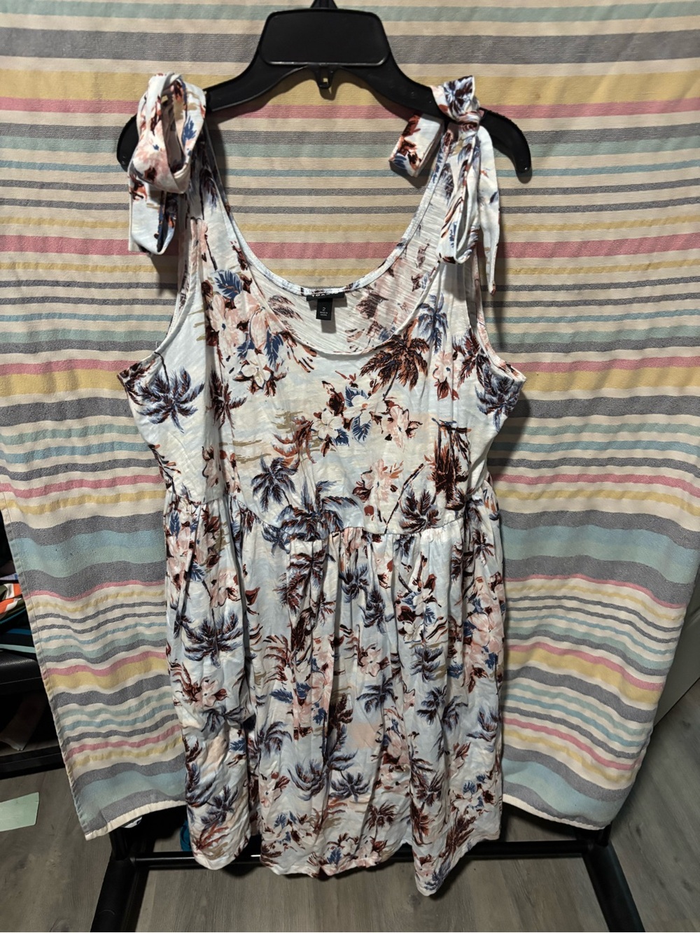 torrid White Floral Tie-Shoulder Sundress with Blue and Brown Print